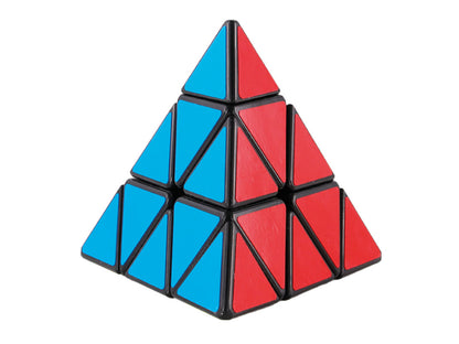 Red and blue Pyraminx twist puzzle shaped like a tetrahedron