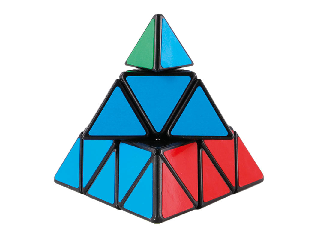 Pyraminx puzzle, a pyramid-shaped rotating puzzle with mixed blue, red, and green triangular faces