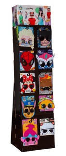Sun-Staches Floor Display Stand with character sunglasses like Spider-Man, Elsa, and many more