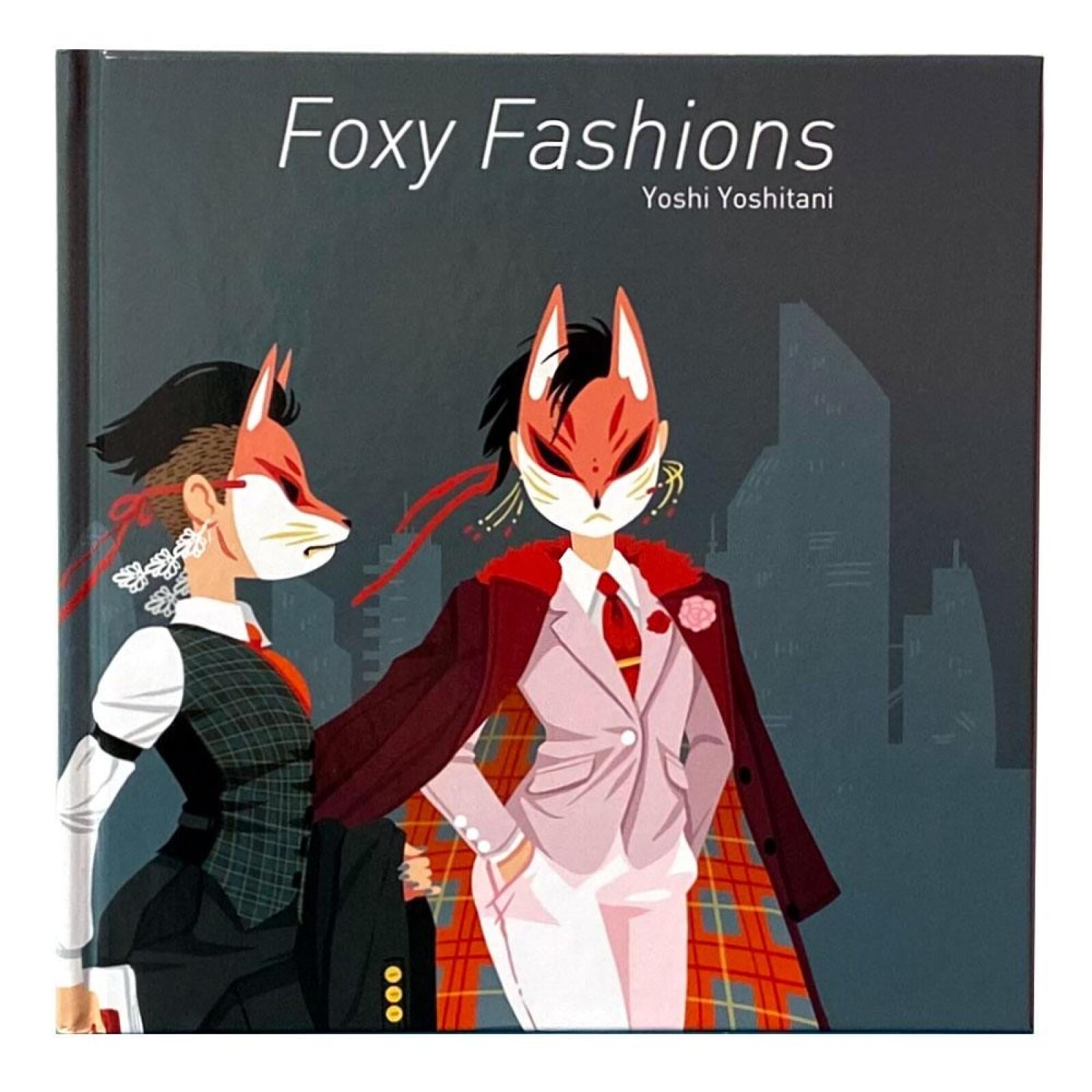 Book cover: 'Foxy Fashions' by Yoshi Yoshitani. Two stylized figures in fox masks and fashionable attire, city backdrop