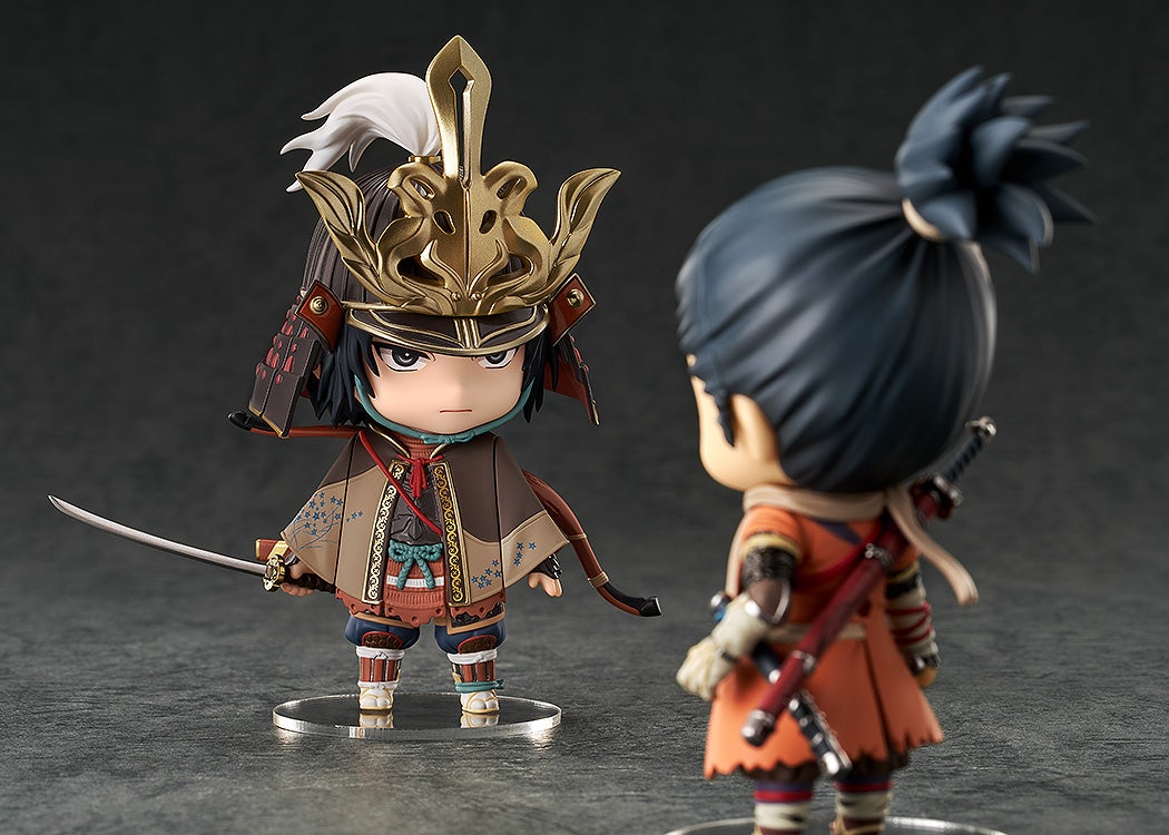 Full set of Nendoroid Genichiro Ashina parts including weapons, faceplates, and accessories