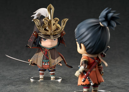 Full set of Nendoroid Genichiro Ashina parts including weapons, faceplates, and accessories
