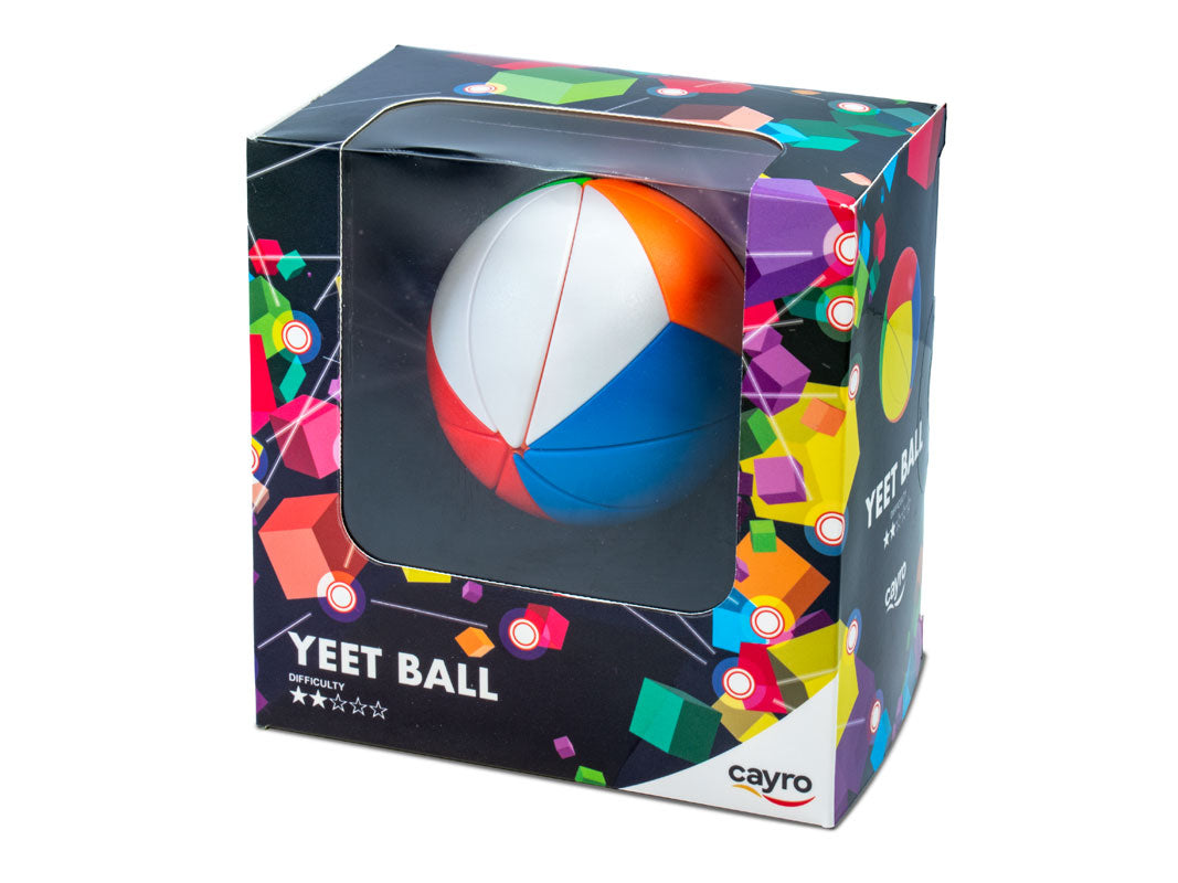 Multicolored Yeet Ball puzzle toy, a segmented sphere, visible inside its colorful black retail box