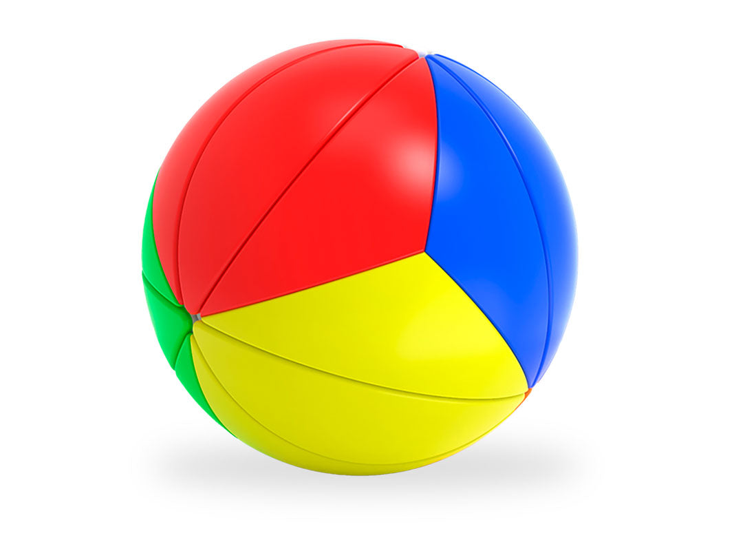 Segmented sphere toy featuring glossy red, blue, yellow, and green panels, isolated on white