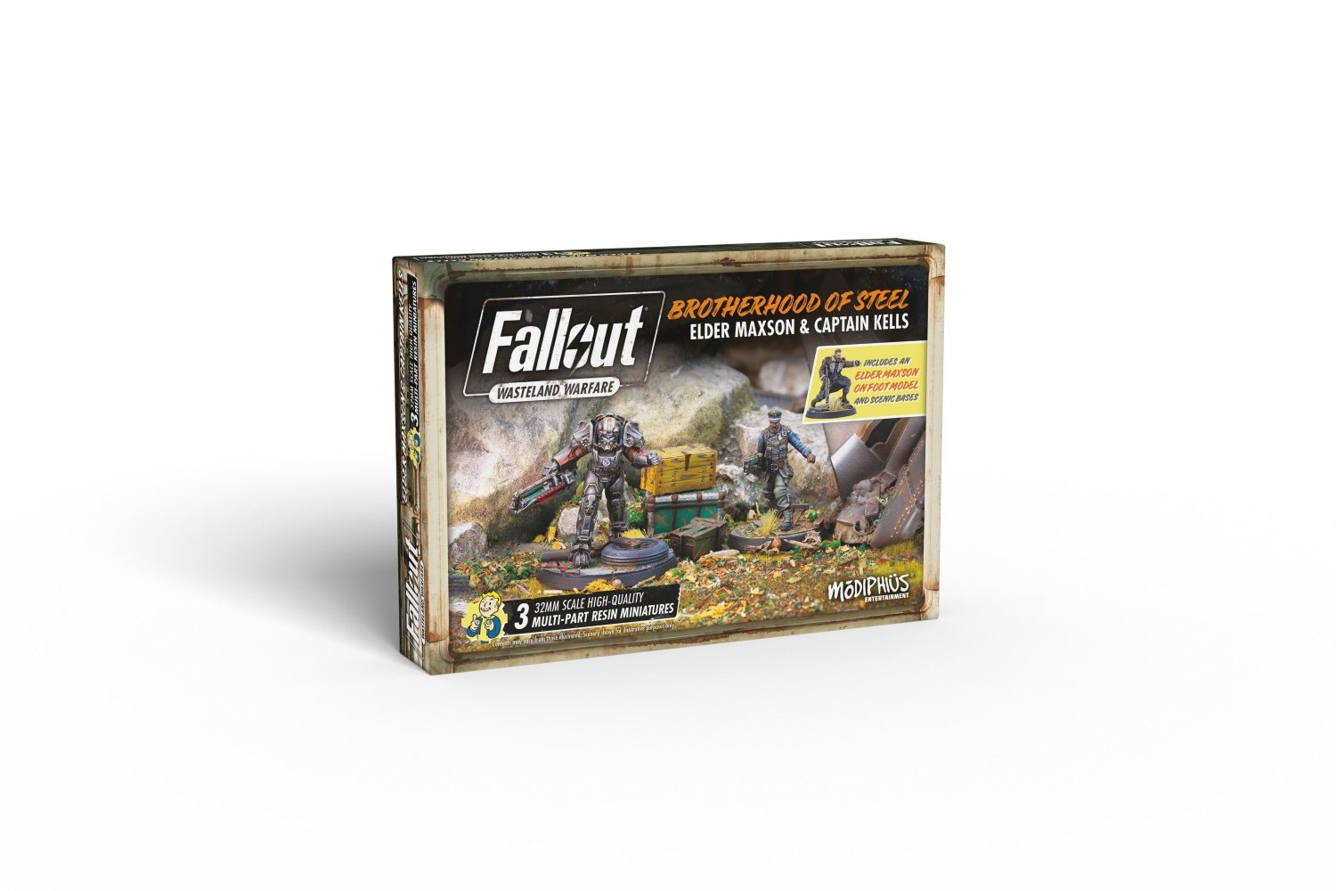 Fallout: Wasteland Warfare Brotherhood of Steel miniatures box featuring Elder Maxson and Captain Kells