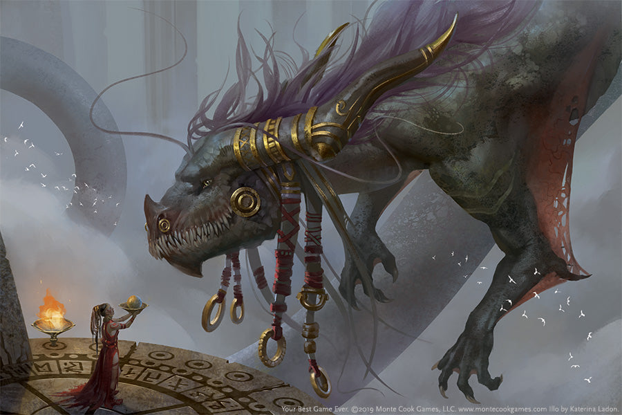 A small priestess in red offers a glowing golden orb to a massive, horned beast looming over her on a ritual platform