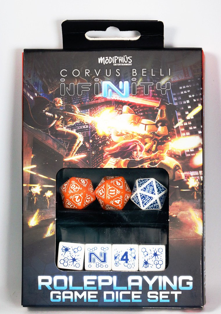Modiphius Infinity RPG Dice Set in packaging, showing sci-fi battle art and orange, blue, white dice