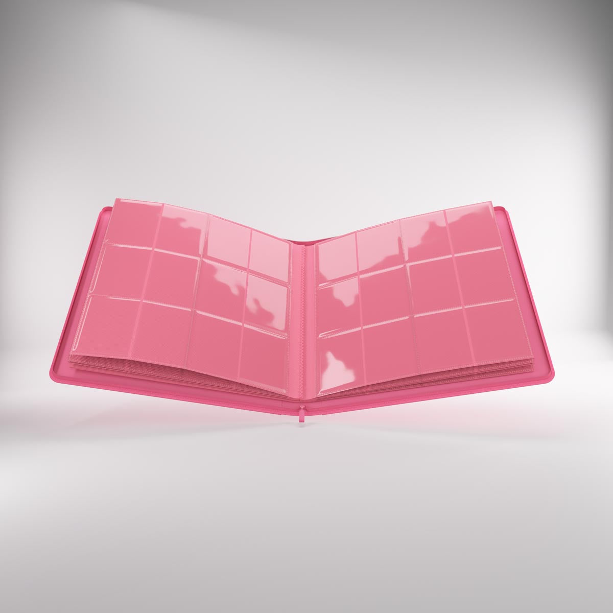 Open Zip-Up album with clear plastic pages featuring multiple pockets for storing trading cards or photos, displayed against a light background