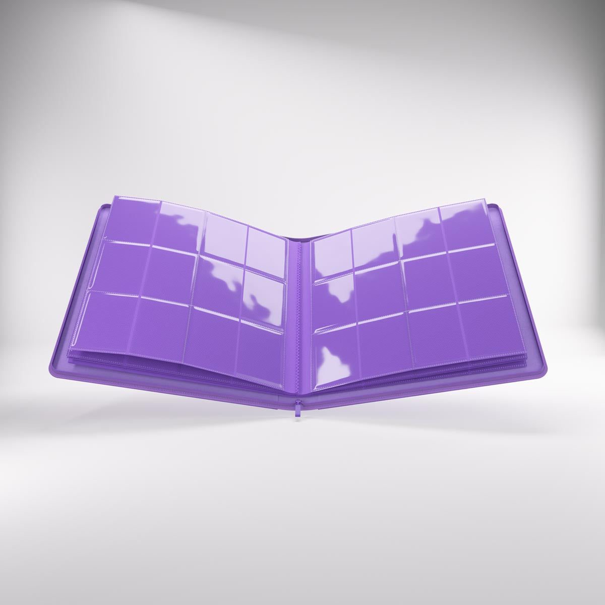 Open Zip-Up album with clear plastic pages featuring multiple pockets for storing trading cards or photos, displayed against a light background