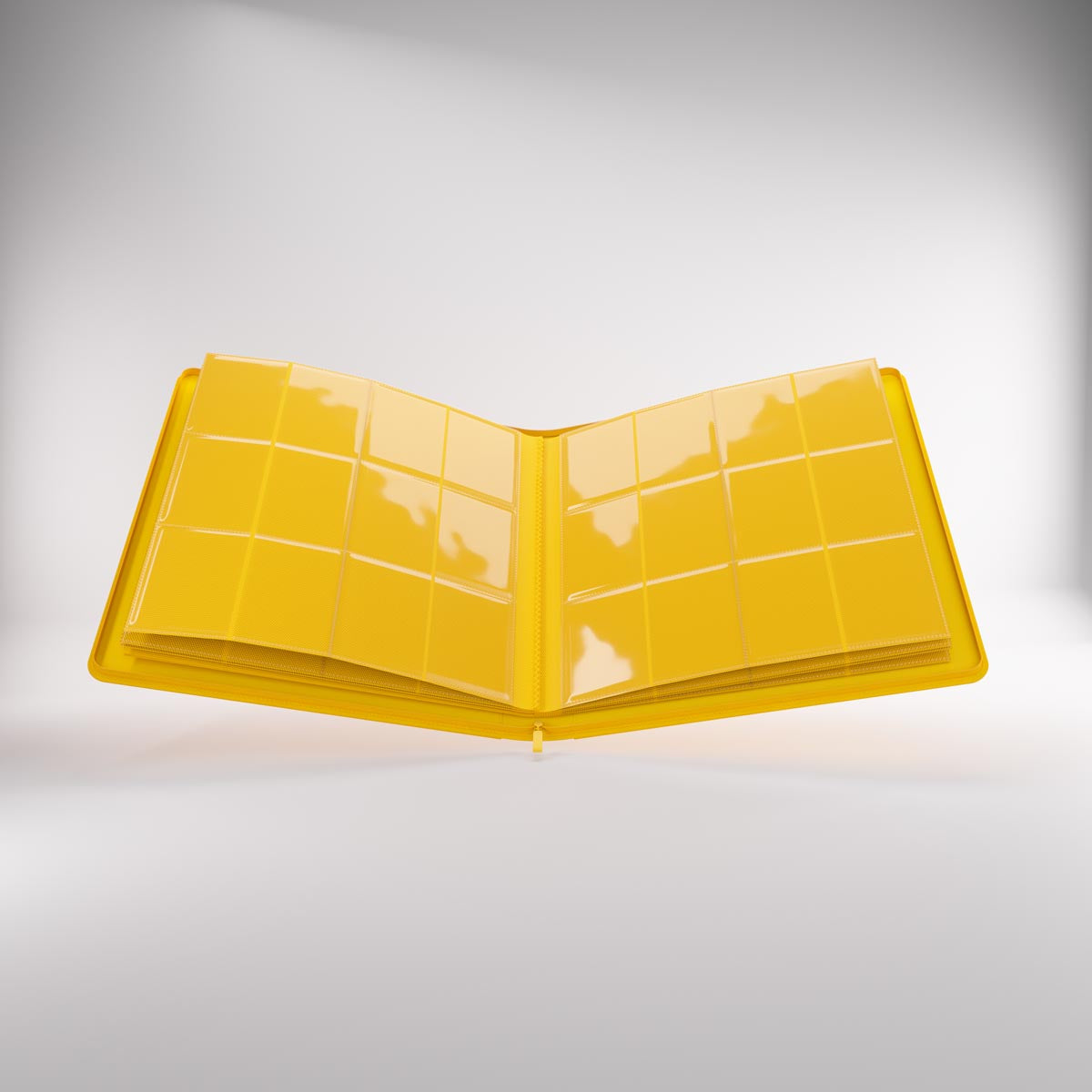Open Zip-Up album with clear plastic pages featuring multiple pockets for storing trading cards or photos, displayed against a light background