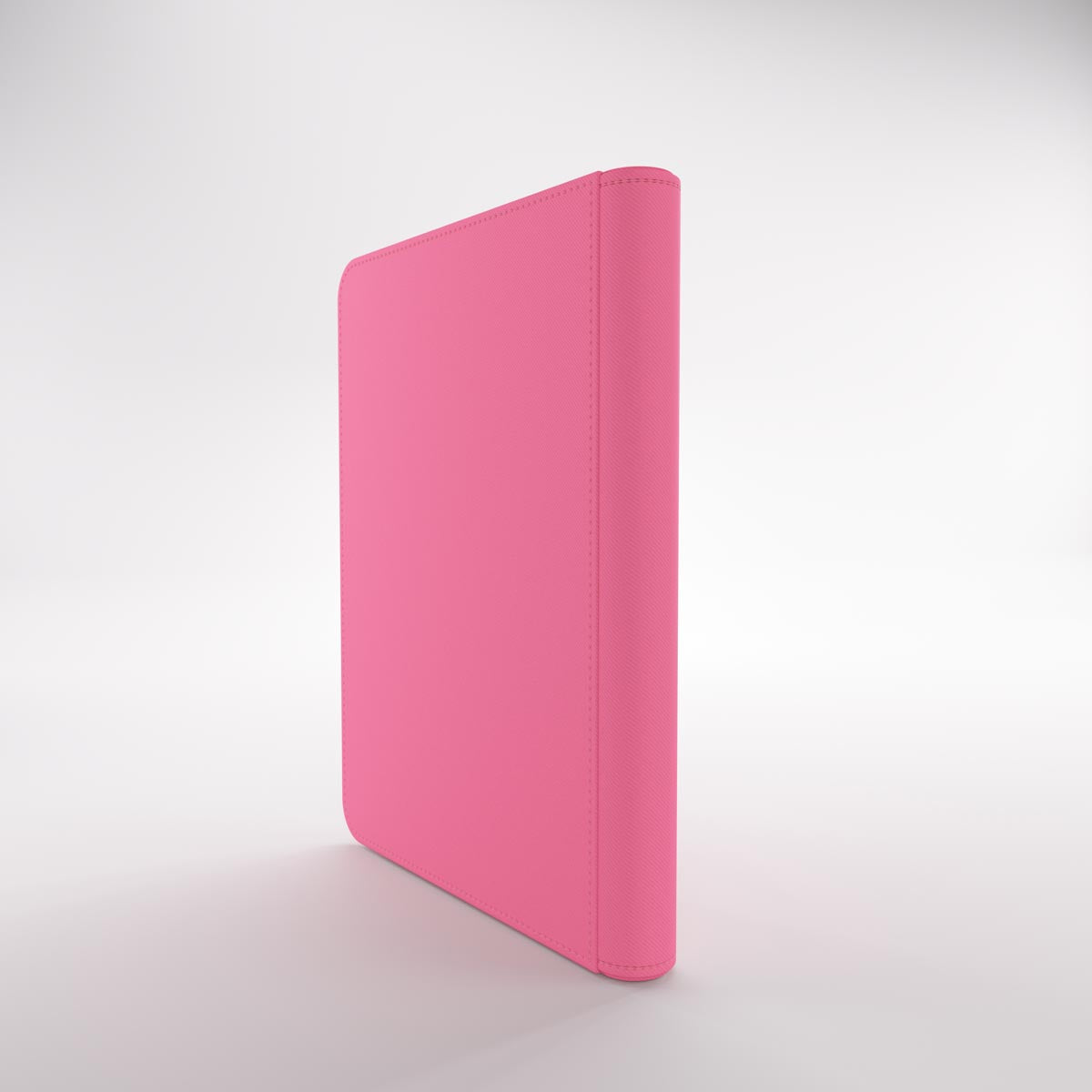 Gamegenic Zip-Up Album with stitched seams and rounded corners, standing upright on a minimalist white background
