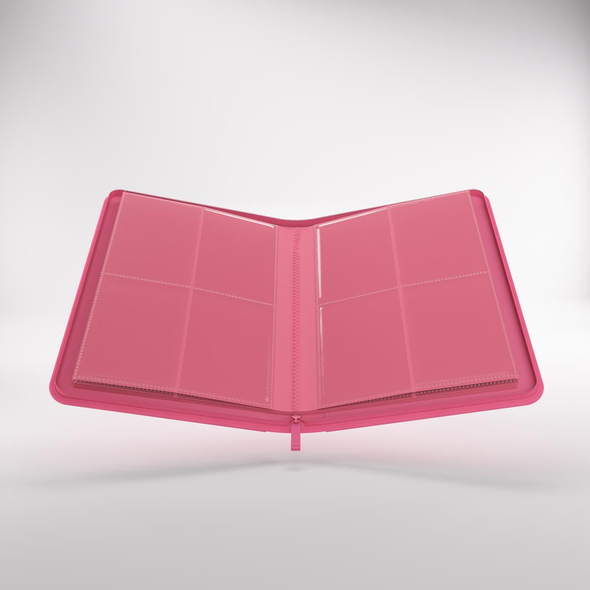 Open Zip-Up album with clear plastic pages featuring multiple pockets for storing trading cards or photos, displayed against a light background