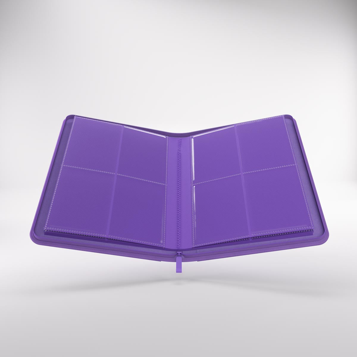 Open Zip-Up album with clear plastic pages featuring multiple pockets for storing trading cards or photos, displayed against a light background