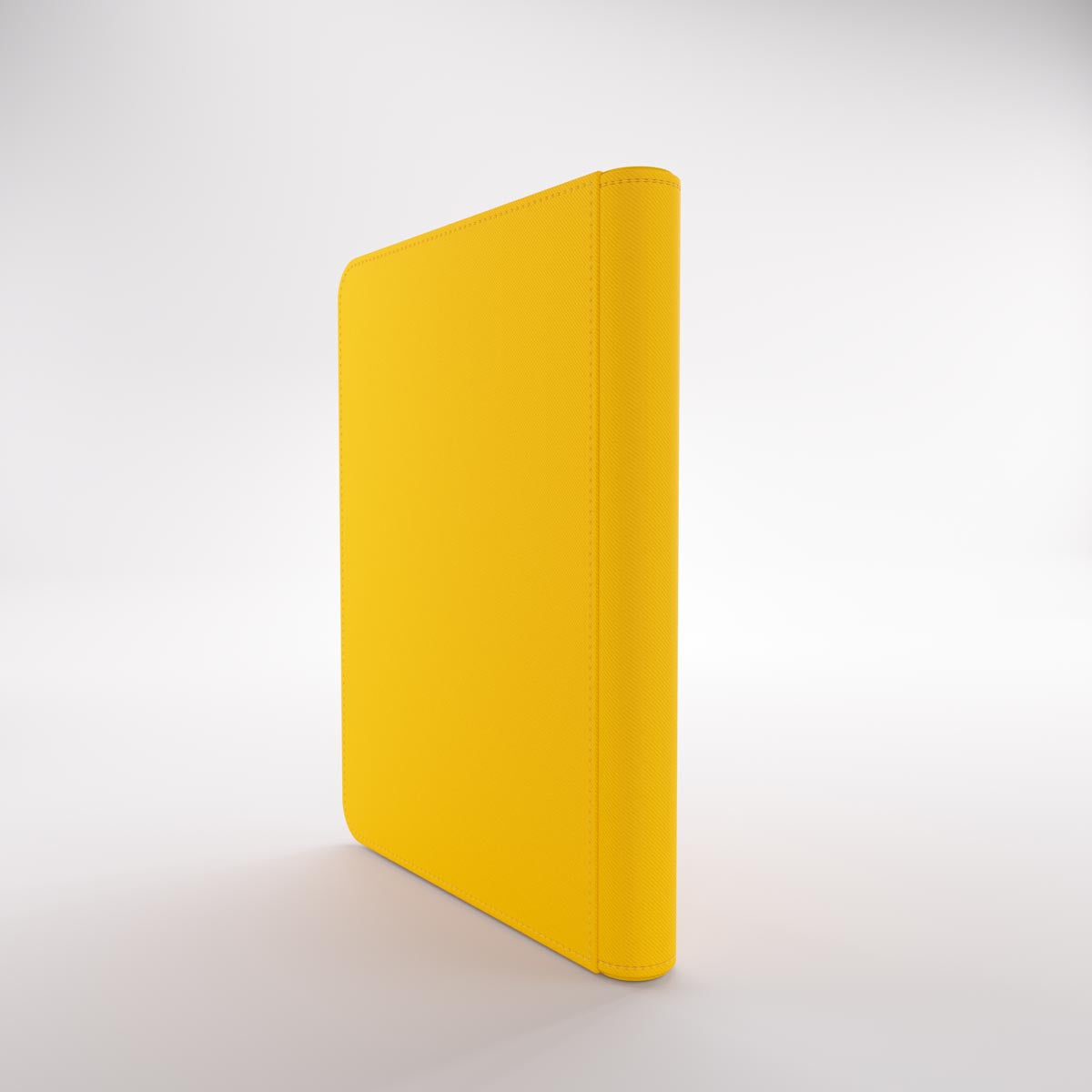 Gamegenic Zip-Up Album with stitched seams and rounded corners, standing upright on a minimalist white background