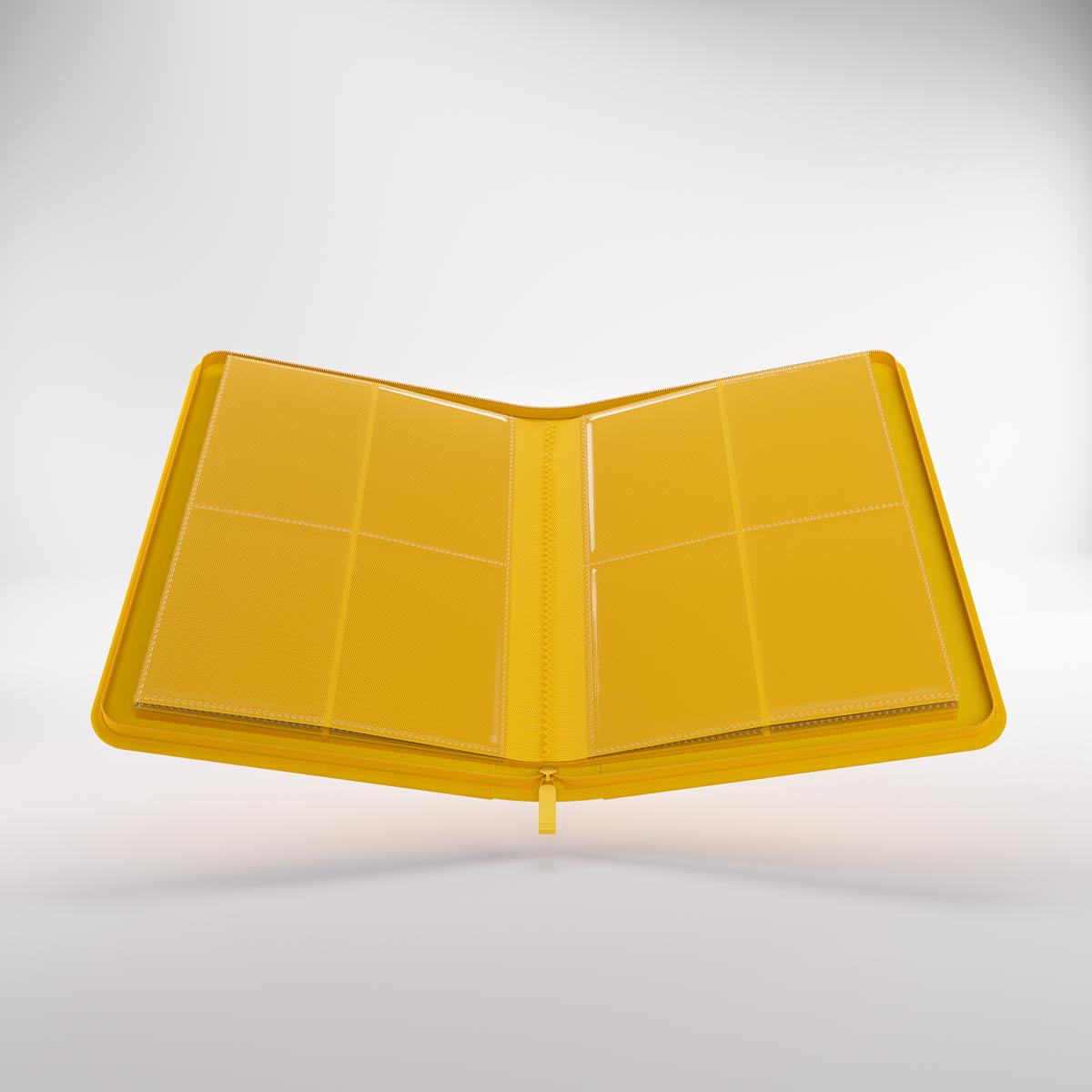 Open Zip-Up album with clear plastic pages featuring multiple pockets for storing trading cards or photos, displayed against a light background