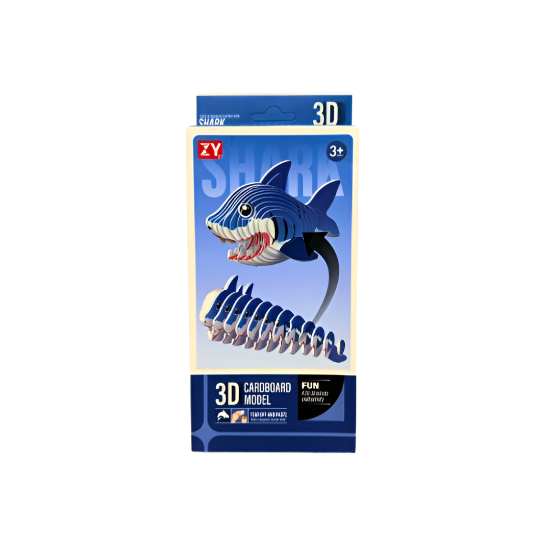 Packaging for a 3D cardboard model kit featuring a segmented blue shark figure on the cover