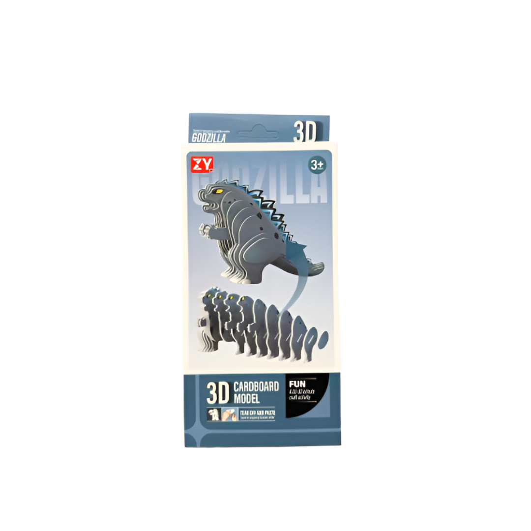 Product box for a layered 3D cardboard Godzilla model kit, featuring the assembled figure