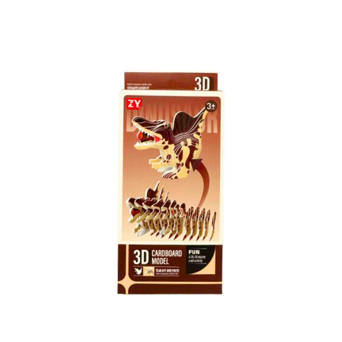 Box art showing a spotted 3D cardboard dinosaur model assembling from flat pieces