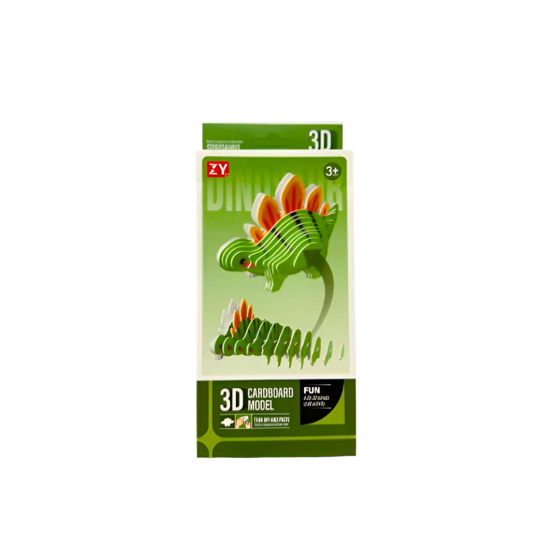 Green box featuring a 3D cardboard Stegosaurus model kit