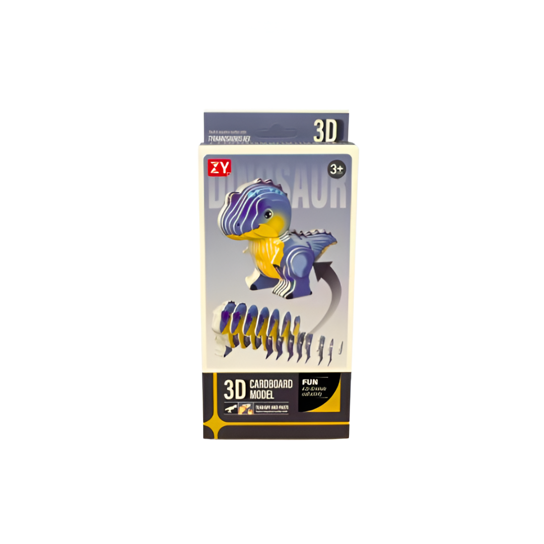 Packaging for a 3D cardboard dinosaur model kit, showing the assembled blue and yellow figure