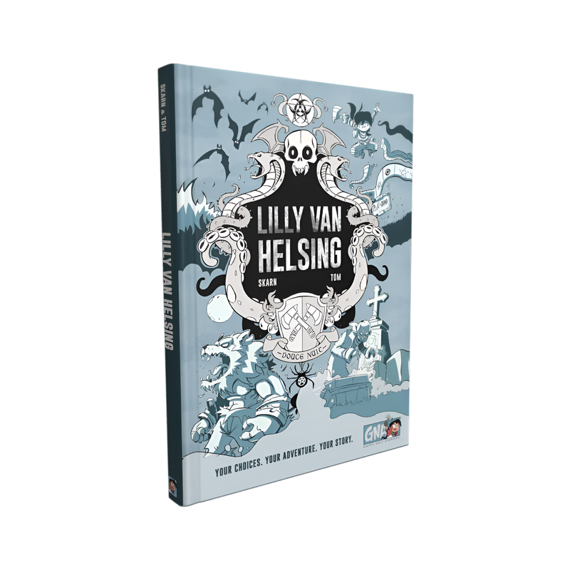 The 'Lilly Van Helsing' adventure book cover: a gothic cartoon scene with a skull, snakes, bats, werewolf, and graveyard