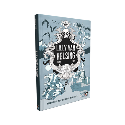 The 'Lilly Van Helsing' adventure book cover: a gothic cartoon scene with a skull, snakes, bats, werewolf, and graveyard