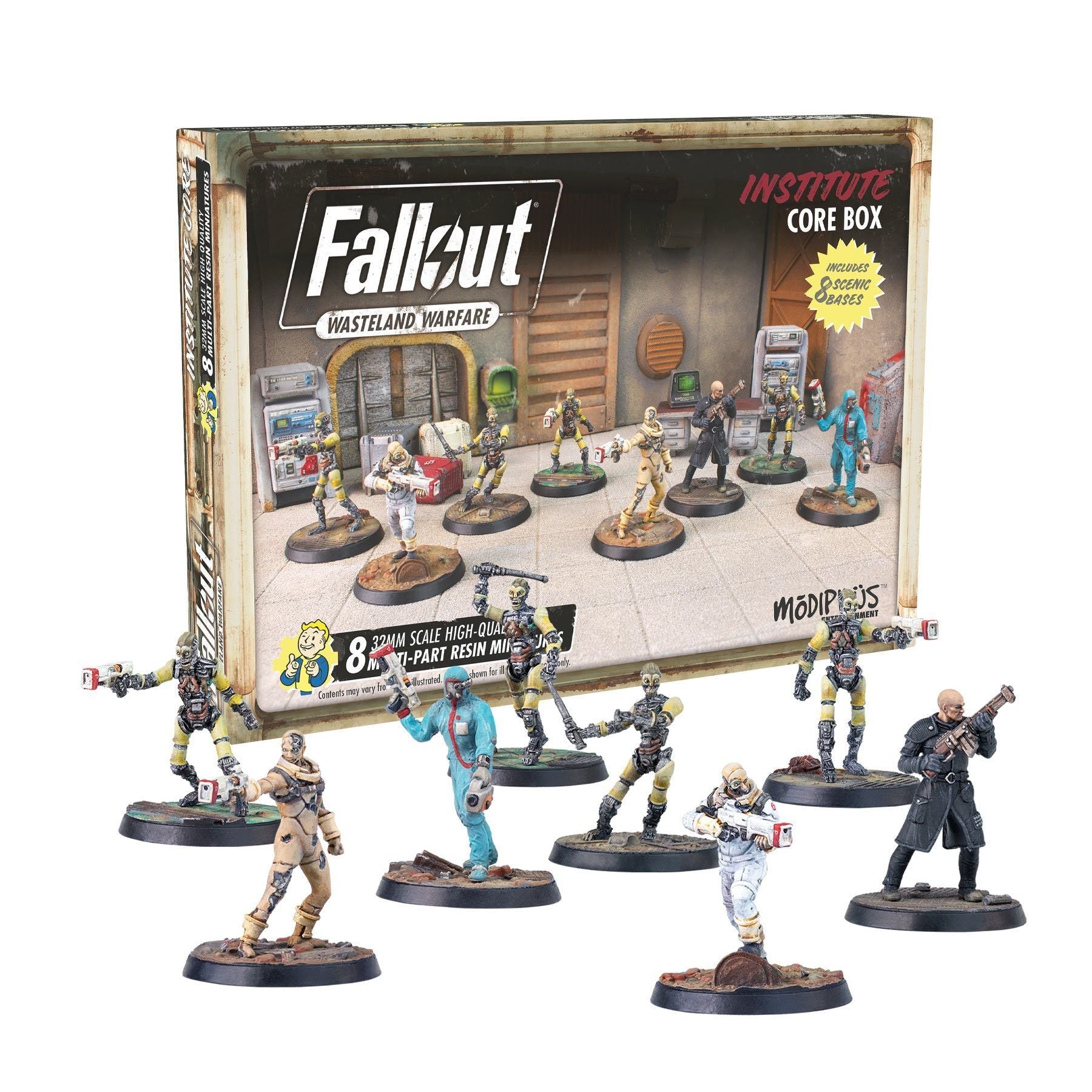 Fallout Wasteland Warfare Institute Core Box and 8 detailed miniatures, including synths and Institute personnel