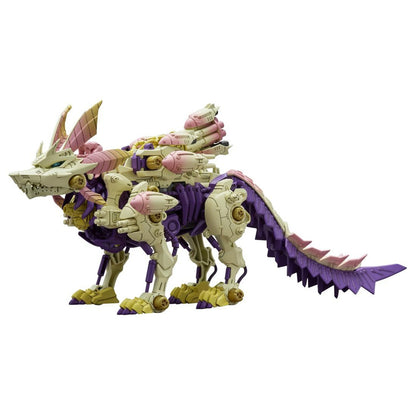 Cream and purple mechanical wolf-like model with pink accents and spiky tail, standing