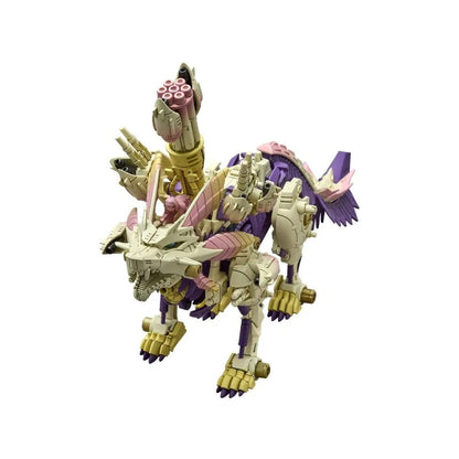 Cream, purple, gold, and pink mechanical beast model with a large multi-barrel cannon on its back