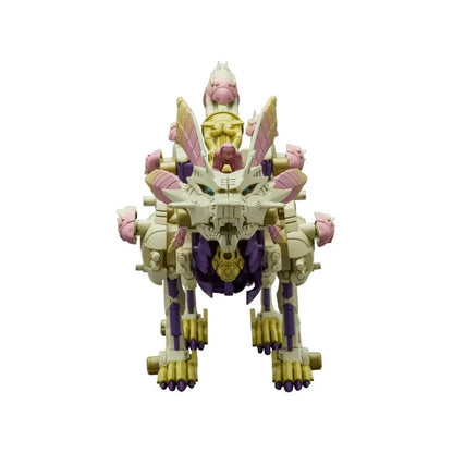 Cream, gold, pink, and purple mecha-lion figure standing, facing front