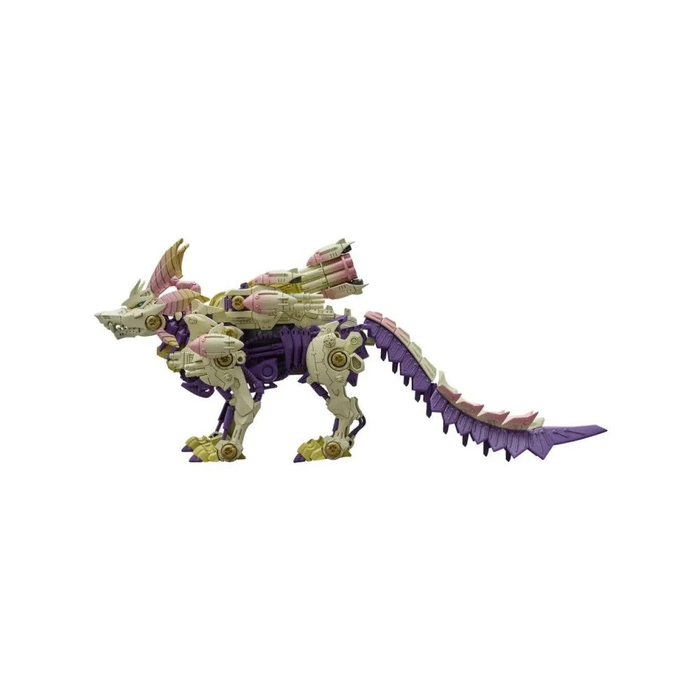 Cream and purple mechanical wolf-like model with back-mounted weapons and a segmented tail, standing