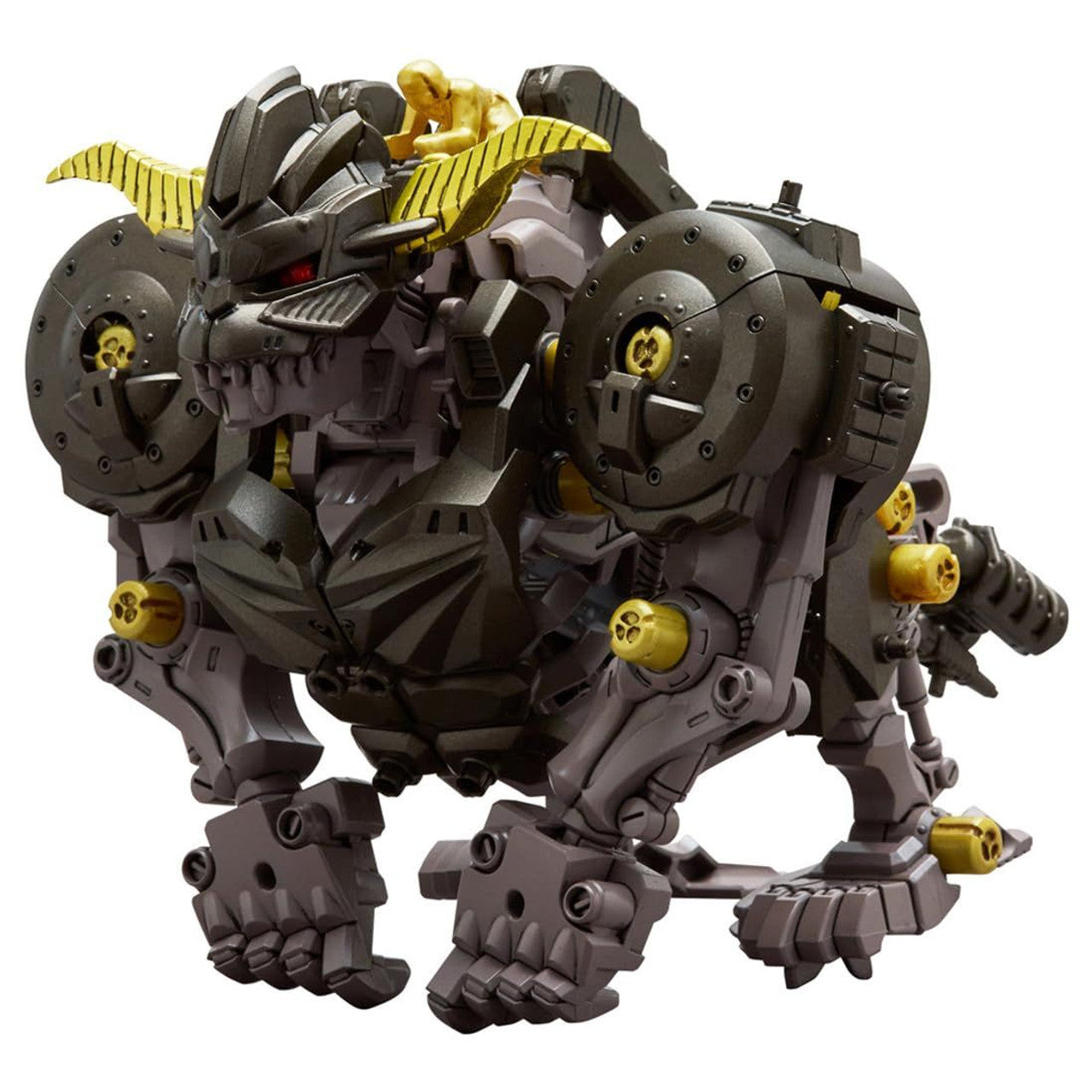 A dark grey armored lion-like robot with yellow horns, red eyes, and a small golden pilot on its back, standing