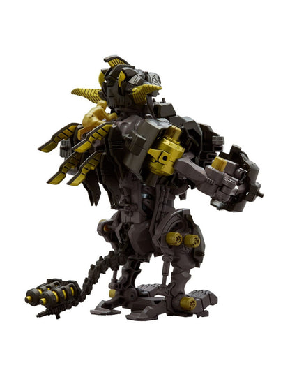 A detailed dark grey and gold robotic beast with horns, back fins, and a cannon tail. A tiny gold pilot sits on its back