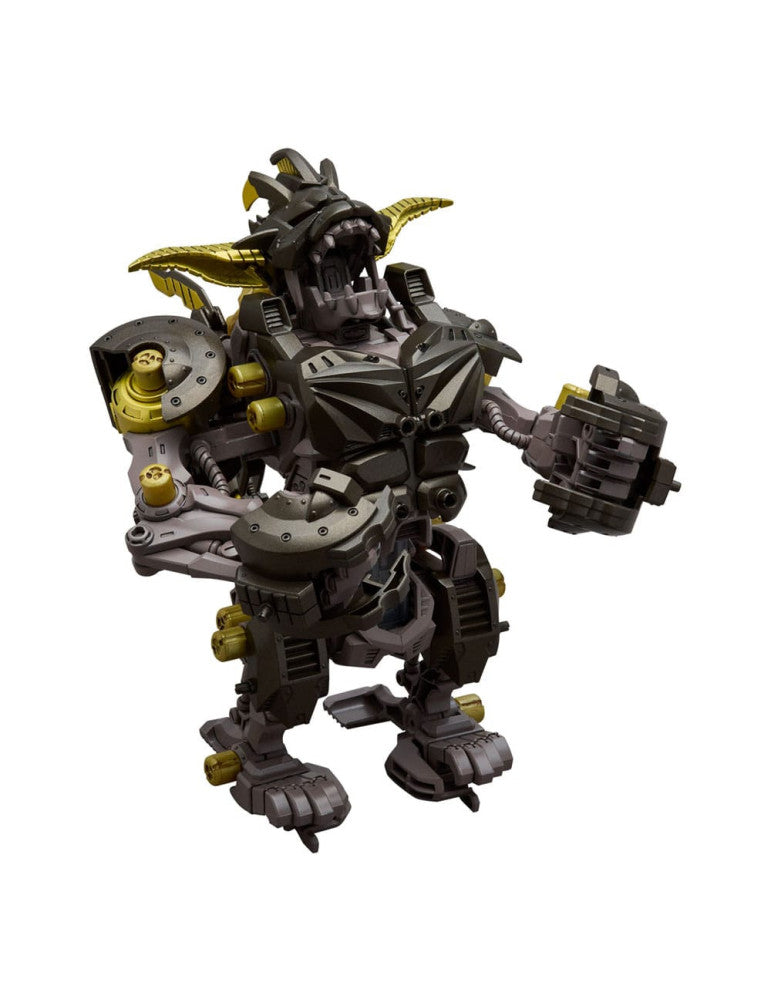 Intricate dark grey and gold robotic monster with an open, fanged mouth, standing