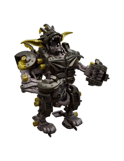 Intricate dark grey and gold robotic monster with an open, fanged mouth, standing