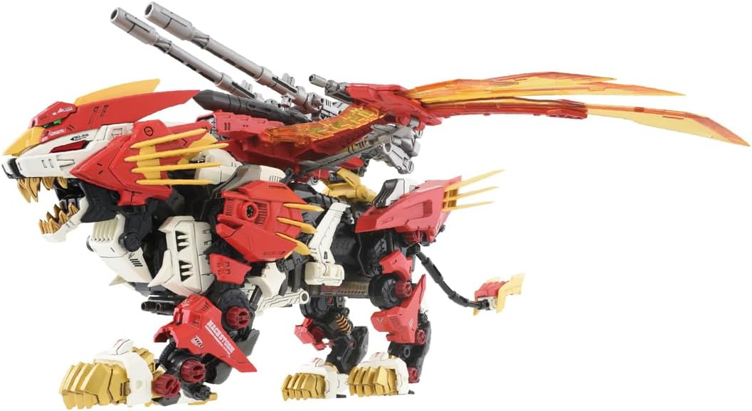 Fierce red, white, and gold mechanical lion robot with back cannons and fiery wings