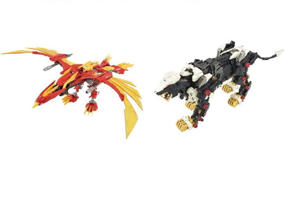 Two robotic animal models: a red and gold phoenix flying, and a black and white lion stalking