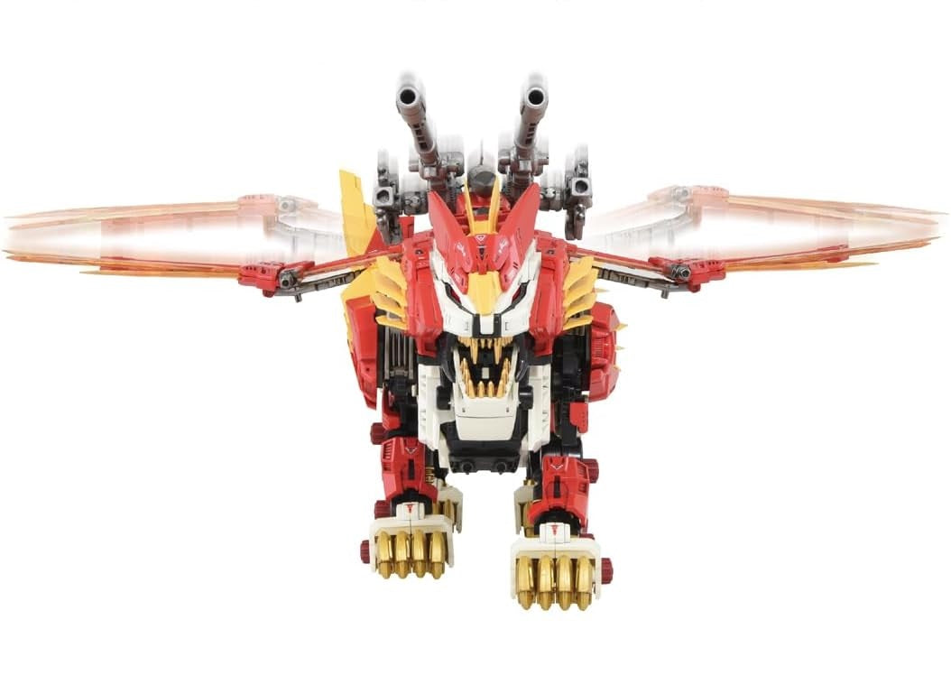 Red and gold armored mechanical lion roaring, with large cannons on its back and energy wings blazing outwards