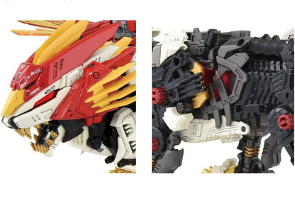Detailed robotic lion model. Left: Red and gold head, snarling. Right: Black and white armored body