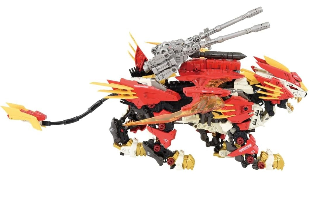 Red, black, and gold mechanical lion figure with twin cannons on its back, wings, and an open mouth