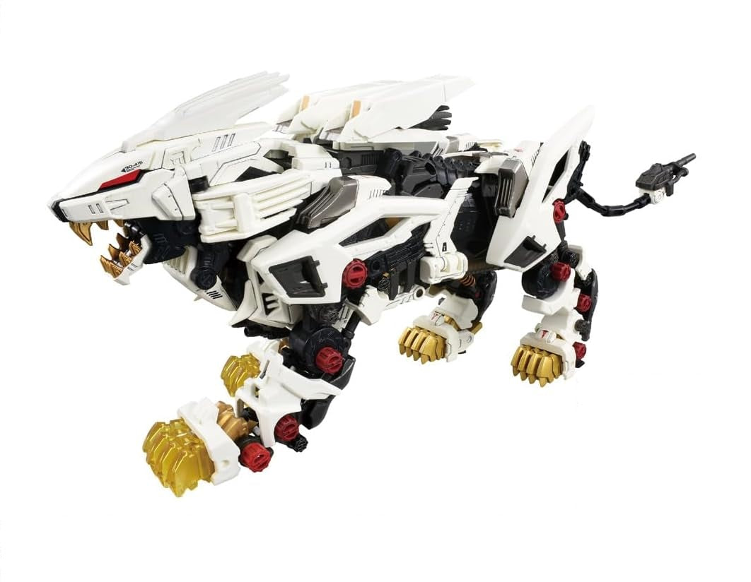 A detailed white mecha lion model, with gold claws and teeth, black inner frame, and red accents, in a striding pose