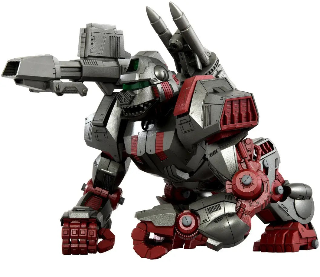 Grey and red armored mech crouches, armed with a large cannon and back-mounted missiles