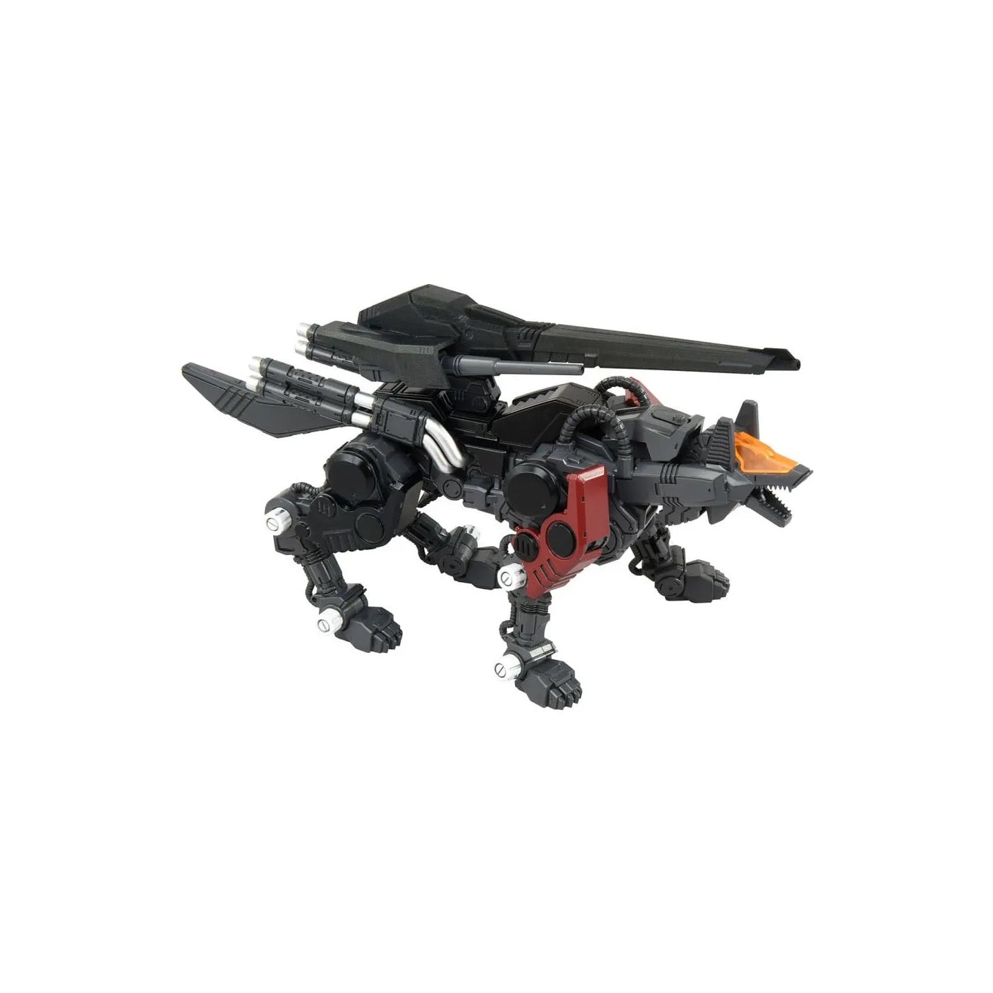 Dark grey robotic wolf model with orange visor, large back cannon, and side missile launchers