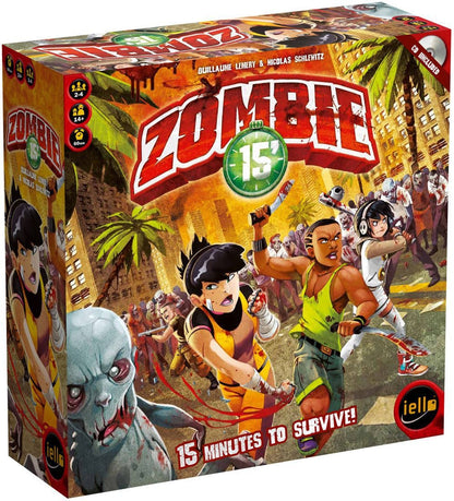 Box for 'Zombie 15'' board game, showing young survivors battling a zombie horde in a city. Title is prominent