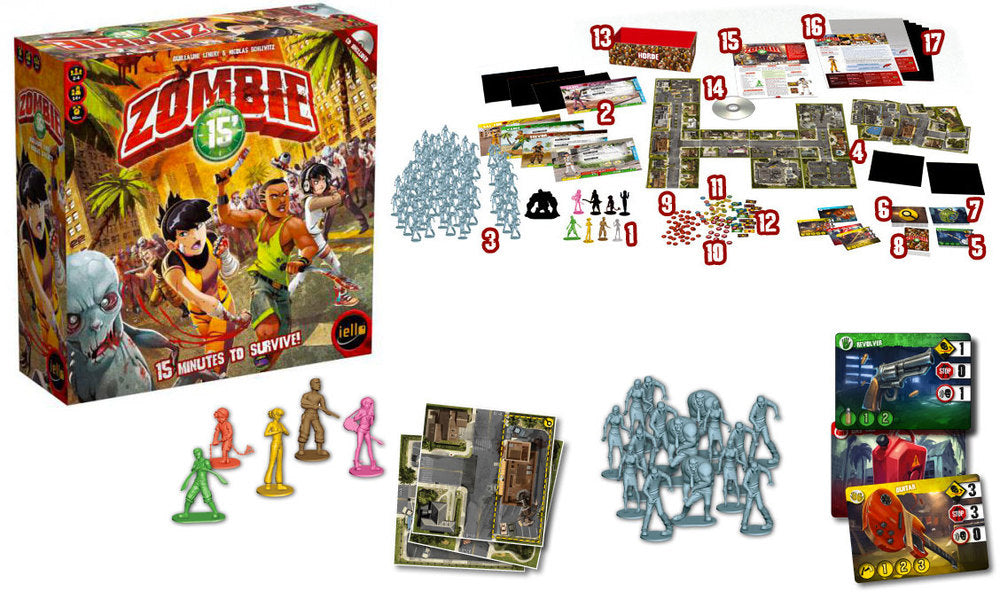 ZOMBIE 15' board game box (cartoon art of survivors vs zombies) and its components: figures, cards, map tiles