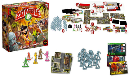 ZOMBIE 15' board game box (cartoon art of survivors vs zombies) and its components: figures, cards, map tiles