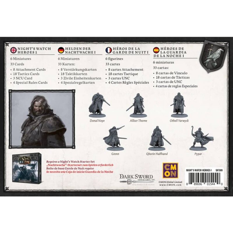 Game box displays character art, six grey Night's Watch miniatures, and game contents list