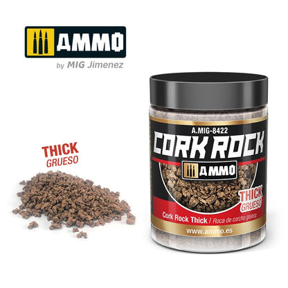Jar of AMMO by MIG Jimenez Cork Rock Thick, A.MIG-8422, with a pile of the coarse brown cork material.