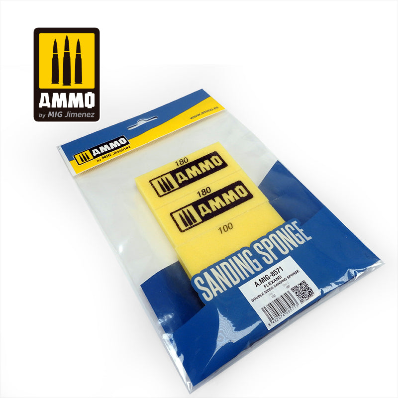 AMMO by MIG Jimenez yellow, double-sided sanding sponges (180 & 100 grit) in clear packaging