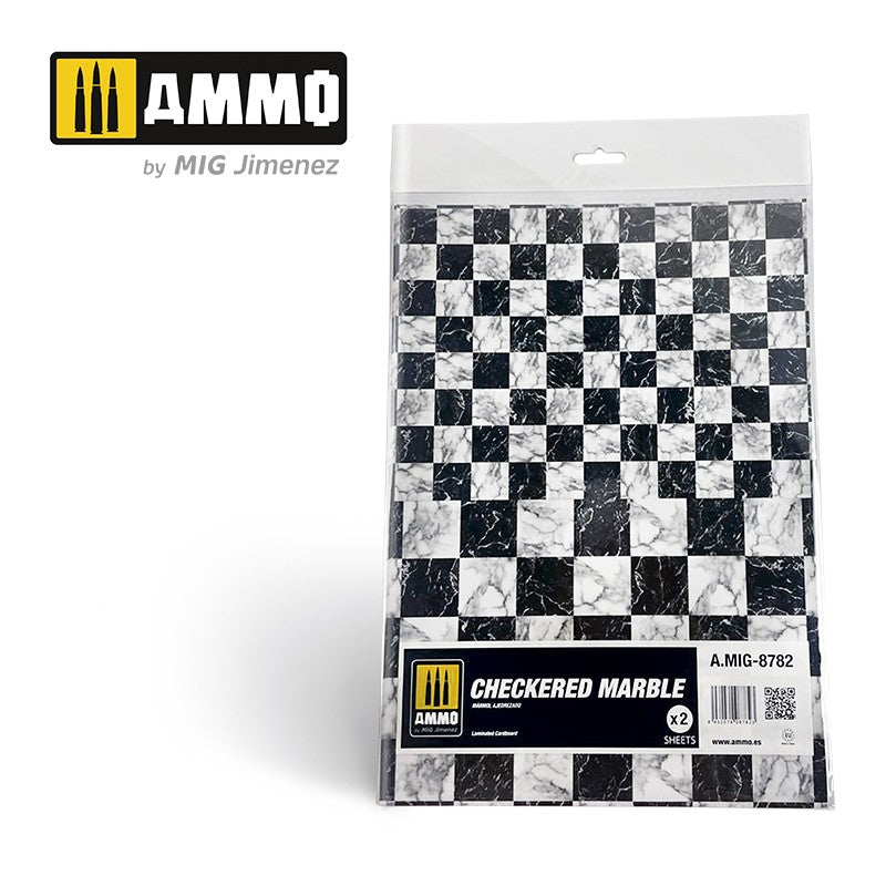 AMMO by MIG Jimenez Checkered Marble sheets in clear packaging, showing a black and white marble checkerboard pattern